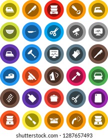 White Solid Icon Set- scraper vector, sponge, iron, steaming, rubber glove, pan, colander, spatula, ladle, rolling pin, meat hammer, cutting board, double boiler, pen, telescope, scissors, measuring