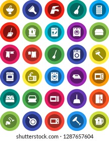 White Solid Icon Set- scraper vector, broom, water tap, vacuum cleaner, scoop, sponge, drying clothes, washer, sink, pan, grater, microwave oven, fridge, iron, dishwasher, kettle