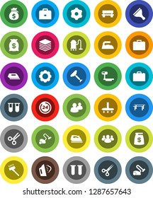 White Solid Icon Set- scraper vector, vacuum cleaner, iron, steaming, case, money bag, horizontal bar, big scales, group, vial, scissors, data, gear, bench, 24 hour