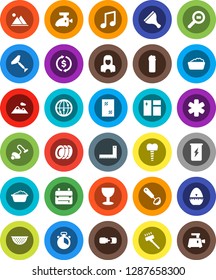 White Solid Icon Set- scraper vector, vacuum cleaner, window cleaning, foam basin, agent, plates, woman, colander, cook timer, ladle, corner ruler, backpack, music, exchange, enegry drink, glass