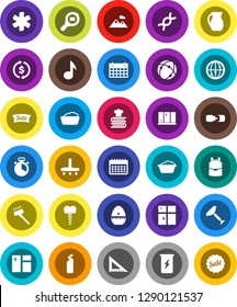 White Solid Icon Set- scraper vector, vacuum cleaner, window cleaning, foam basin, agent, shining, cook timer, cookbook, jug, corner ruler, backpack, music, exchange, enegry drink, calendar, dna