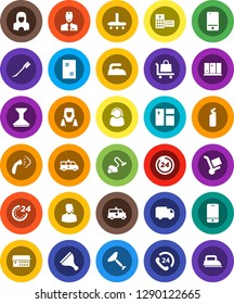 White Solid Icon Set- scraper vector, vacuum cleaner, car fetlock, window cleaning, iron, steaming, agent, shining, woman, phone 24, mobile, hospital building, amkbulance, doctor, hour, support