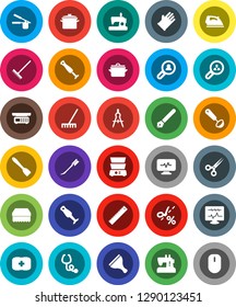 White Solid Icon Set- scraper vector, rake, sponge, car fetlock, iron, rubber glove, pan, cook press, spatula, ladle, double boiler, blender, pen, ruler, drawing compass, first aid kit, scissors