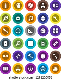 White Solid Icon Set- scraper vector, vacuum cleaner, cleaning agent, shining window, woman, cook timer, ladle, jug, corner ruler, music, exchange, enegry drink, protected, cargo search, internet