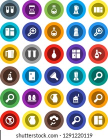 White Solid Icon Set- scraper vector, window cleaning, shining, oil, measuring cup, hand mill, spices, jug, magnifier, flask, no alcohol sign, vial, sand clock, potion, cloud glass, search estate