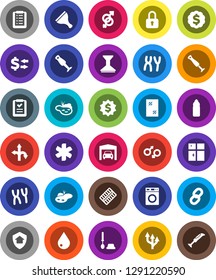 White Solid Icon Set- scraper vector, water drop, car fetlock, window cleaning, toilet brush, washer, shining, blender, exchange, dollar medal, bottle, route, ambulance star, gender sign, chain