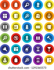 White Solid Icon Set- scraper vector, window cleaning, shining, measuring cup, hand mill, spices, jug, jar, oil, flask, no alcohol sign, glass, cargo search, vial, magnifier, sand clock, estate