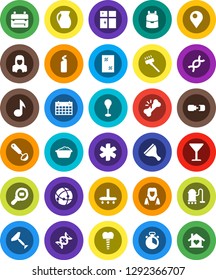 White Solid Icon Set- scraper vector, vacuum cleaner, window cleaning, foam basin, agent, shining, woman, cook timer, ladle, jug, backpack, music, punching bag, calendar, glass, cargo search, dna