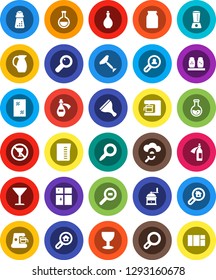 White Solid Icon Set- scraper vector, window cleaning, shining, oil, measuring cup, hand mill, spices, jug, jar, magnifier, flask, no alcohol sign, glass, cargo search, potion, cloud, estate, client