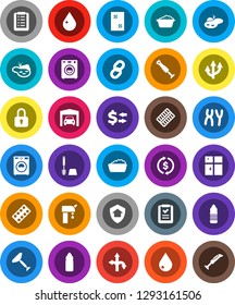 White Solid Icon Set- scraper vector, water drop, window cleaning, toilet brush, washer, foam basin, shining, exchange, bottle, route, pills blister, chromosomes, chain, arrow, pond, supply, garage