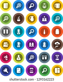 White Solid Icon Set- scraper vector, window cleaning, measuring cup, hand mill, spices, jug, jar, oil, magnifier, flask, cargo search, vial, sand clock, potion, cloud glass, estate, client, blender