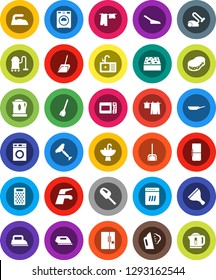 White Solid Icon Set- scraper vector, broom, water tap, vacuum cleaner, scoop, sponge, iron, steaming, drying clothes, washer, sink, pan, grater, fridge, dishwasher, microwave oven, kettle