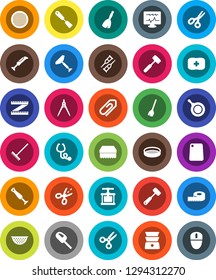 White Solid Icon Set- scraper vector, broom, rake, sponge, pan, colander, cook press, spatula, meat hammer, cutting board, double boiler, sieve, drawing compass, scissors, measuring, first aid kit