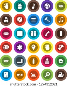 White Solid Icon Set- scraper vector, window cleaning, agent, plates, cleaner woman, colander, cookbook, jug, corner ruler, backpack, music, calendar, protected, cargo search, pause button, pin