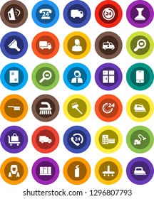 White Solid Icon Set- scraper vector, vacuum cleaner, fetlock, car, window cleaning, iron, steaming, agent, shining, woman, phone 24, support, delivery, cargo search, mobile, hospital building, hour