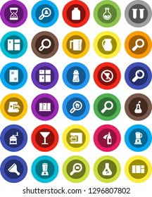 White Solid Icon Set- scraper vector, window cleaning, shining, measuring cup, hand mill, jug, jar, magnifier, flask, no alcohol sign, glass, cargo search, vial, sand clock, potion, estate, client