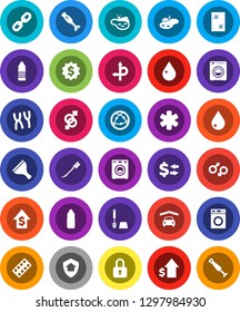 White Solid Icon Set- scraper vector, water drop, car fetlock, window cleaning, toilet brush, washer, blender, exchange, dollar growth, medal, bottle, route, internet, ambulance star, gender sign