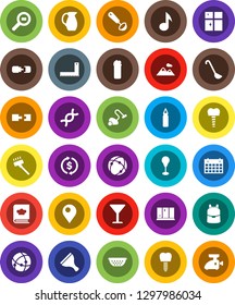 White Solid Icon Set- scraper vector, vacuum cleaner, cleaning agent, shining window, colander, ladle, cookbook, jug, corner ruler, backpack, music, exchange, punching bag, calendar, glass, dna, pin