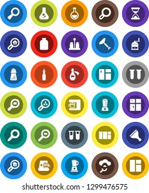 White Solid Icon Set- scraper vector, window cleaning, shining, hand mill, spices, jar, oil, magnifier, flask, cargo search, vial, sand clock, potion, cloud glass, estate, client, coffee maker