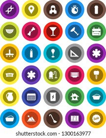 White Solid Icon Set- scraper vector, vacuum cleaner, foam basin, cleaning agent, plates, shining window, woman, colander, cook timer, ladle, jug, corner ruler, backpack, punching bag, enegry drink