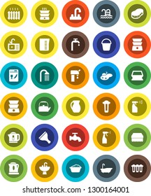 White Solid Icon Set- scraper vector, bucket, sponge, water tap, bath, foam basin, sprayer, shower, sink, kettle, measuring cup, double boiler, jug, pool, pond, supply, heating, dishwasher, filter