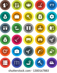 White Solid Icon Set- scraper vector, vacuum cleaner, rake, steaming, case, money bag, horizontal bar, big scales, group, vial, scissors, data, gear, bench, construction crane, 24 hour, iron