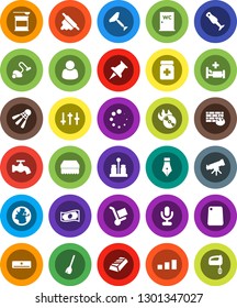 White Solid Icon Set- scraper vector, broom, vacuum cleaner, sponge, water tap, closet, rolling pin, cutting board, spices, blender, pen, telescope, gold ingot, cash, sports nutrition, shuttlecock