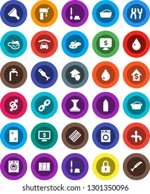White Solid Icon Set- scraper vector, water drop, car fetlock, window cleaning, toilet brush, washer, foam basin, shining, blender, dollar growth, monitor, bottle, route, gender sign, pills blister