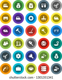 White Solid Icon Set- scraper vector, vacuum cleaner, rake, iron, steaming, case, money bag, horizontal bar, big scales, group, vial, scissors, data, gear, bench, construction crane, 24 hour