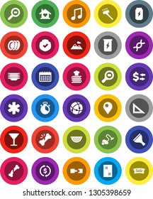 White Solid Icon Set- scraper vector, vacuum cleaner, window cleaning, plates, colander, cook timer, cookbook, corner ruler, music, exchange, enegry drink, calendar, glass, protected, cargo search
