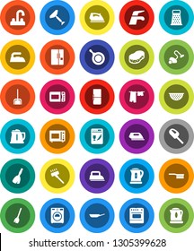 White Solid Icon Set- scraper vector, broom, water tap, vacuum cleaner, fetlock, scoop, sponge, iron, drying clothes, washer, pan, kettle, colander, grater, microwave oven, fridge, dishwasher