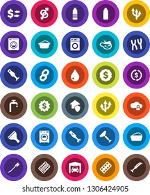 White Solid Icon Set- scraper vector, water drop, car fetlock, washer, foam basin, blender, exchange, dollar medal, bottle, gender sign, pills blister, chromosomes, cloud lock, chain, route arrow