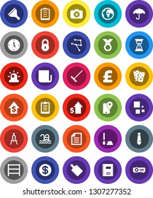 White Solid Icon Set- scraper vector, rake, toilet brush, cutting board, copybook, drawing compass, document, dollar growth, clock, sand, tie, pound, clipboard, medal, breads, pool, earth, traking