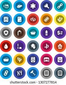 White Solid Icon Set- scraper vector, water drop, window cleaning, toilet brush, washer, foam basin, exchange, dollar growth, bottle, route, ambulance star, gender sign, pills blister, chromosomes