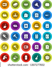 White Solid Icon Set- scraper vector, broom, water tap, vacuum cleaner, scoop, sponge, iron, washer, sink, pan, kettle, colander, grater, microwave oven, fridge, dishwasher