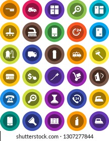 White Solid Icon Set- scraper vector, vacuum cleaner, fetlock, car, window cleaning, iron, steaming, agent, shining, dollar cursor, phone 24, cargo search, mobile, hospital building, amkbulance