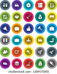 White Solid Icon Set- scraper vector, vacuum cleaner, rake, iron, student, case, money bag, big scales, group, vial, scissors, data, gear, bench, construction crane, 24 hour