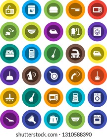 White Solid Icon Set- scraper vector, broom, vacuum cleaner, fetlock, scoop, sponge, iron, steaming, washer, sink, pan, kettle, colander, grater, microwave oven, dishwasher
