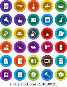 White Solid Icon Set- scraper vector, broom, vacuum cleaner, fetlock, scoop, sponge, iron, drying clothes, water tap, kettle, microwave oven, washer, fridge, dishwasher