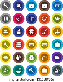White Solid Icon Set- scraper vector, vacuum cleaner, rake, iron, steaming, student, case, horizontal bar, big scales, group, vial, data, bench, money bag, 24 hour