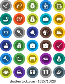 White Solid Icon Set- scraper vector, rake, iron, steaming, student, case, money bag, horizontal bar, big scales, group, vial, scissors, bench, construction crane, 24 hour, vacuum cleaner