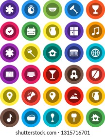 White Solid Icon Set- scraper vector, vacuum cleaner, foam basin, plates, shining window, woman, colander, cook timer, jug, backpack, music, punching bag, calendar, glass, protected, internet, pin