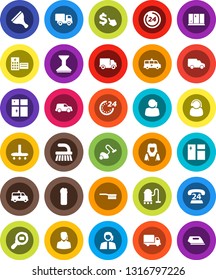 White Solid Icon Set- scraper vector, vacuum cleaner, fetlock, car, window cleaning, agent, shining, woman, dollar cursor, phone 24, support, delivery, cargo search, hospital building, amkbulance
