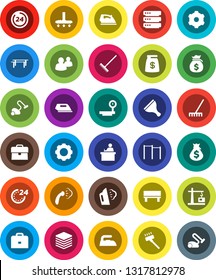 White Solid Icon Set- scraper vector, vacuum cleaner, rake, iron, steaming, student, case, money bag, horizontal bar, big scales, group, data, gear, bench, construction crane, 24 hour