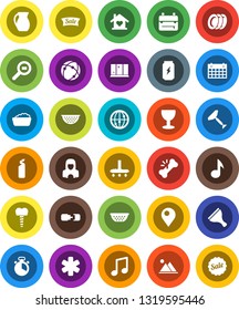 White Solid Icon Set- scraper vector, vacuum cleaner, foam basin, cleaning agent, plates, shining window, woman, colander, cook timer, jug, backpack, music, enegry drink, calendar, glass, internet