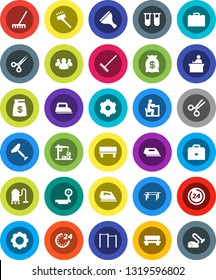 White Solid Icon Set- scraper vector, vacuum cleaner, rake, iron, student, case, horizontal bar, big scales, group, vial, scissors, gear, bench, construction crane, money bag, 24 hour