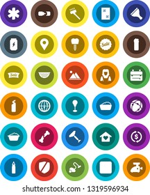 White Solid Icon Set- scraper vector, vacuum cleaner, window cleaning, foam basin, agent, woman, colander, backpack, exchange, punching bag, enegry drink, protected, internet, pause button, pin