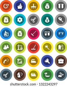White Solid Icon Set- scraper vector, vacuum cleaner, rake, iron, steaming, student, money bag, case, horizontal bar, big scales, group, vial, scissors, gear, construction crane, 24 hour
