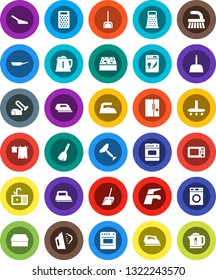 White Solid Icon Set- scraper vector, broom, water tap, vacuum cleaner, fetlock, scoop, sponge, iron, steaming, drying clothes, washer, sink, pan, kettle, grater, fridge, dishwasher, microwave oven