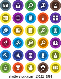 White Solid Icon Set- scraper vector, window cleaning, shining, measuring cup, hand mill, spices, jug, oil, magnifier, flask, glass, cargo search, vial, sand clock, potion, cloud, estate, client